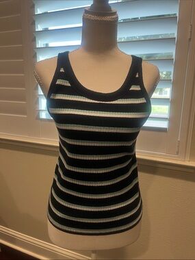Ribbed Striped Tank Top - Black & White and teal